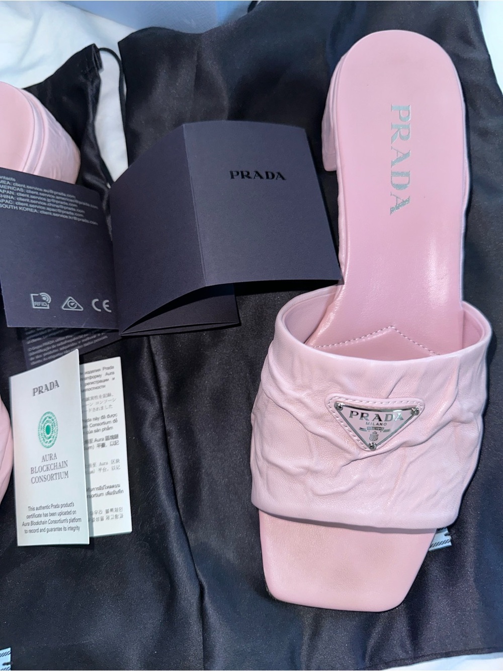 Prada Alabastro Pink Crinkled Leather Block Heel Mules Size 41